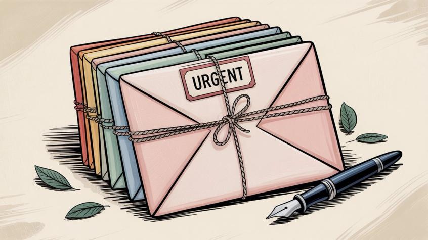 Organized email envelopes with label tags showing the concept of grouping contacts together for mailing lists