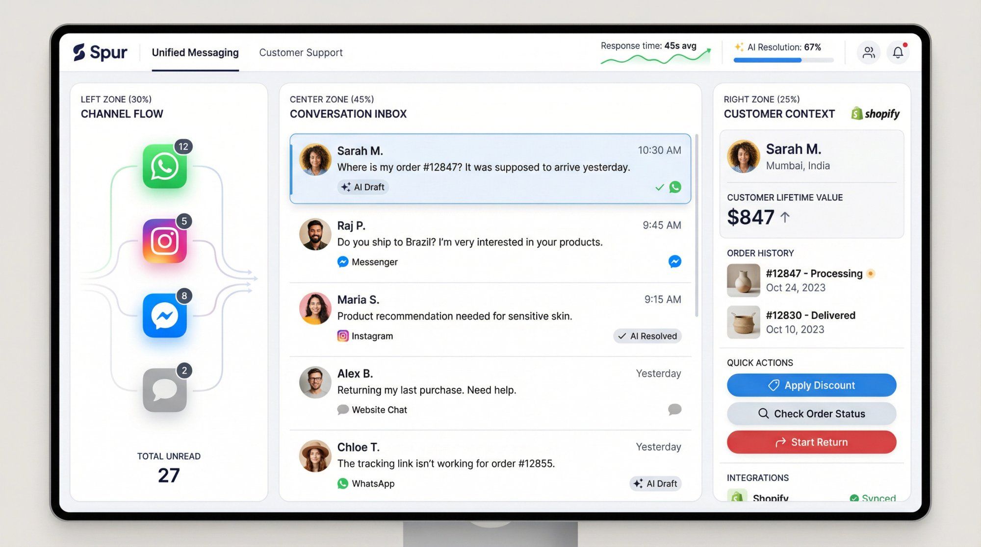 Spur's unified multi-channel inbox showing WhatsApp, Instagram DMs, and live chat conversations flowing into one shared workspace with AI assistance