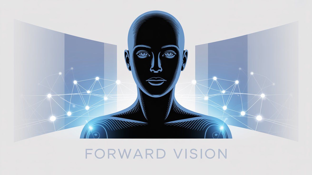Futuristic visualization showing forward vision concept with AI head silhouette and network connections