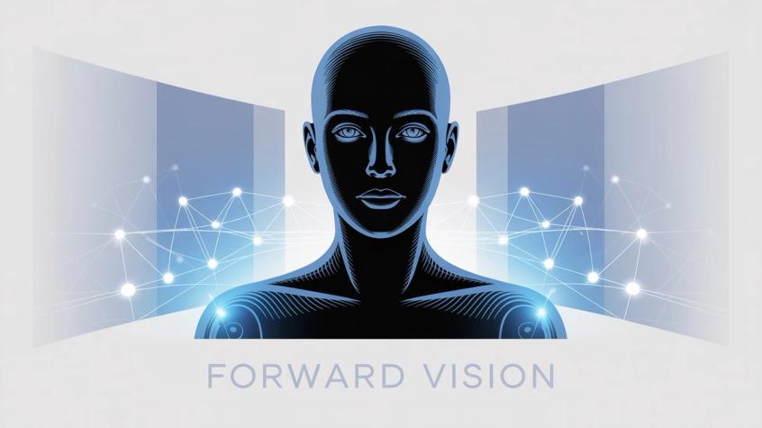 Futuristic visualization showing forward vision concept with AI head silhouette and network connections