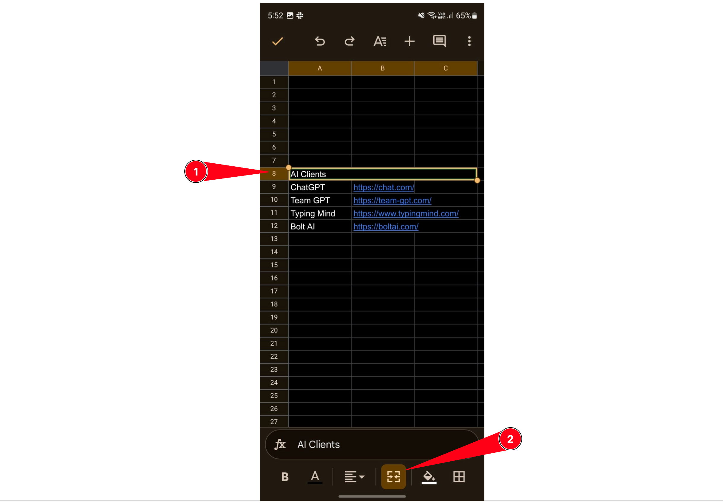 Merge cells on google sheet mobile android