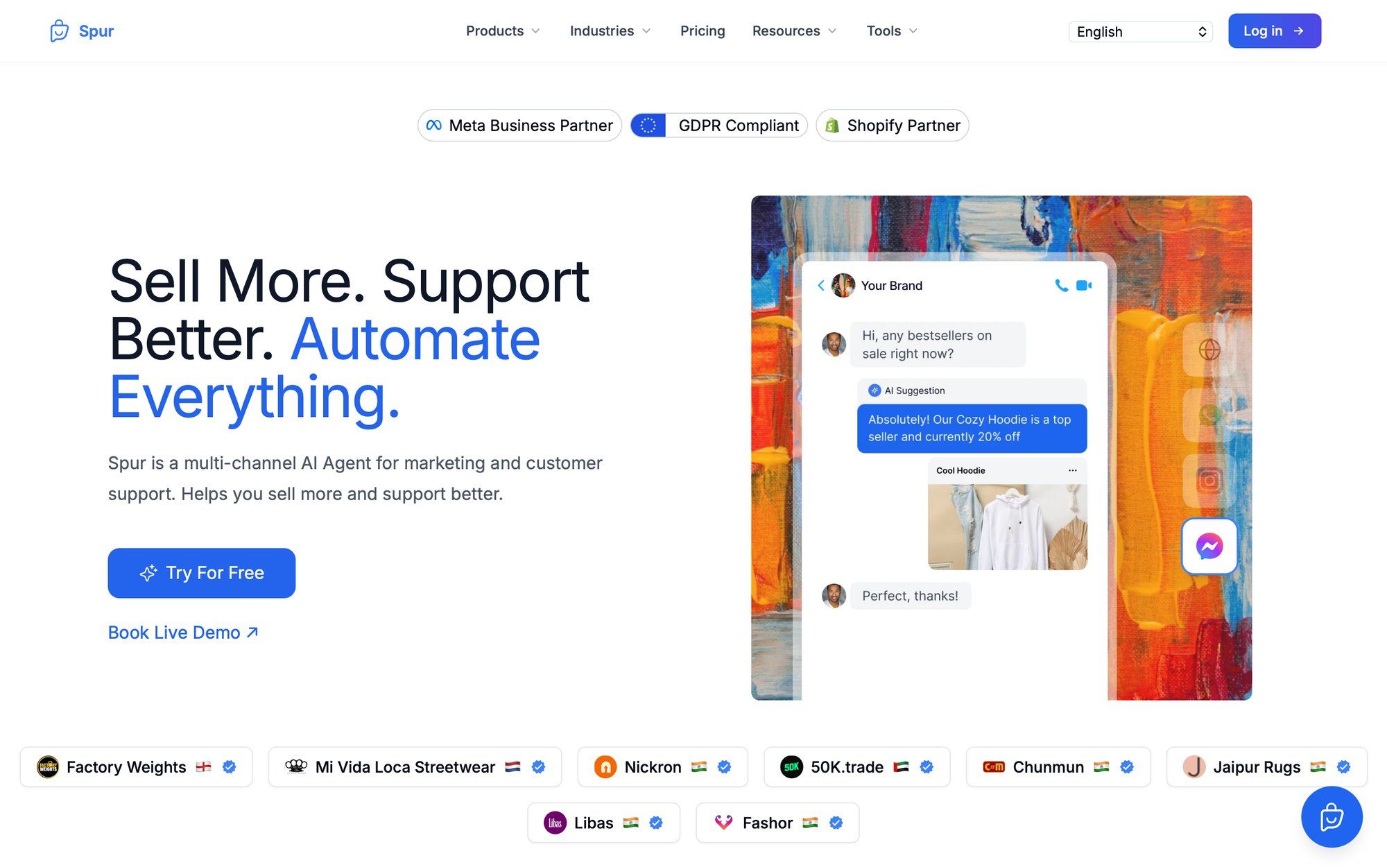 Spur website promoting AI agent for marketing and customer support, featuring a chat demo with product suggestions.