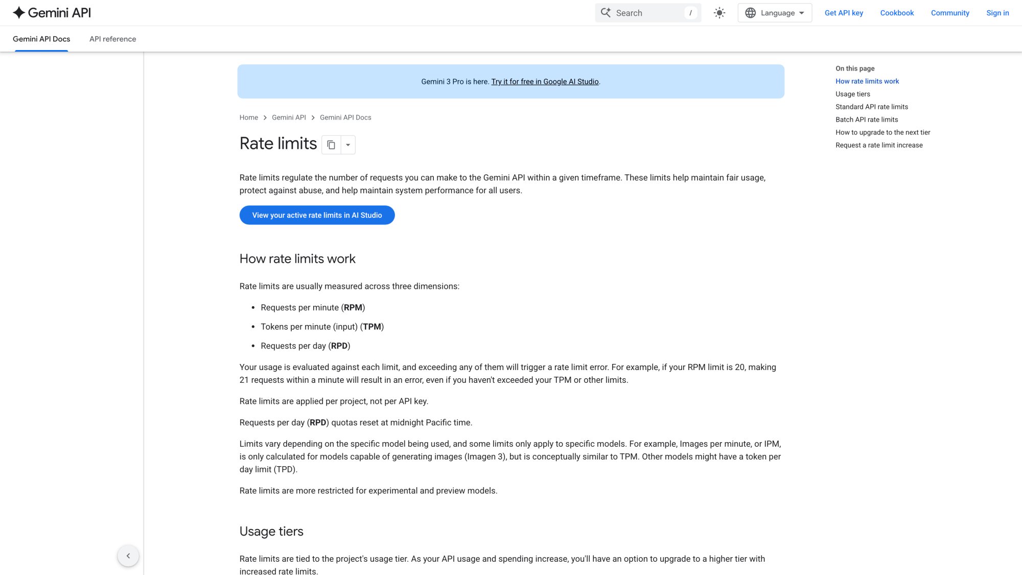 Official Gemini API rate limits documentation showing RPM RPD and TPM quotas for free and paid tiers
