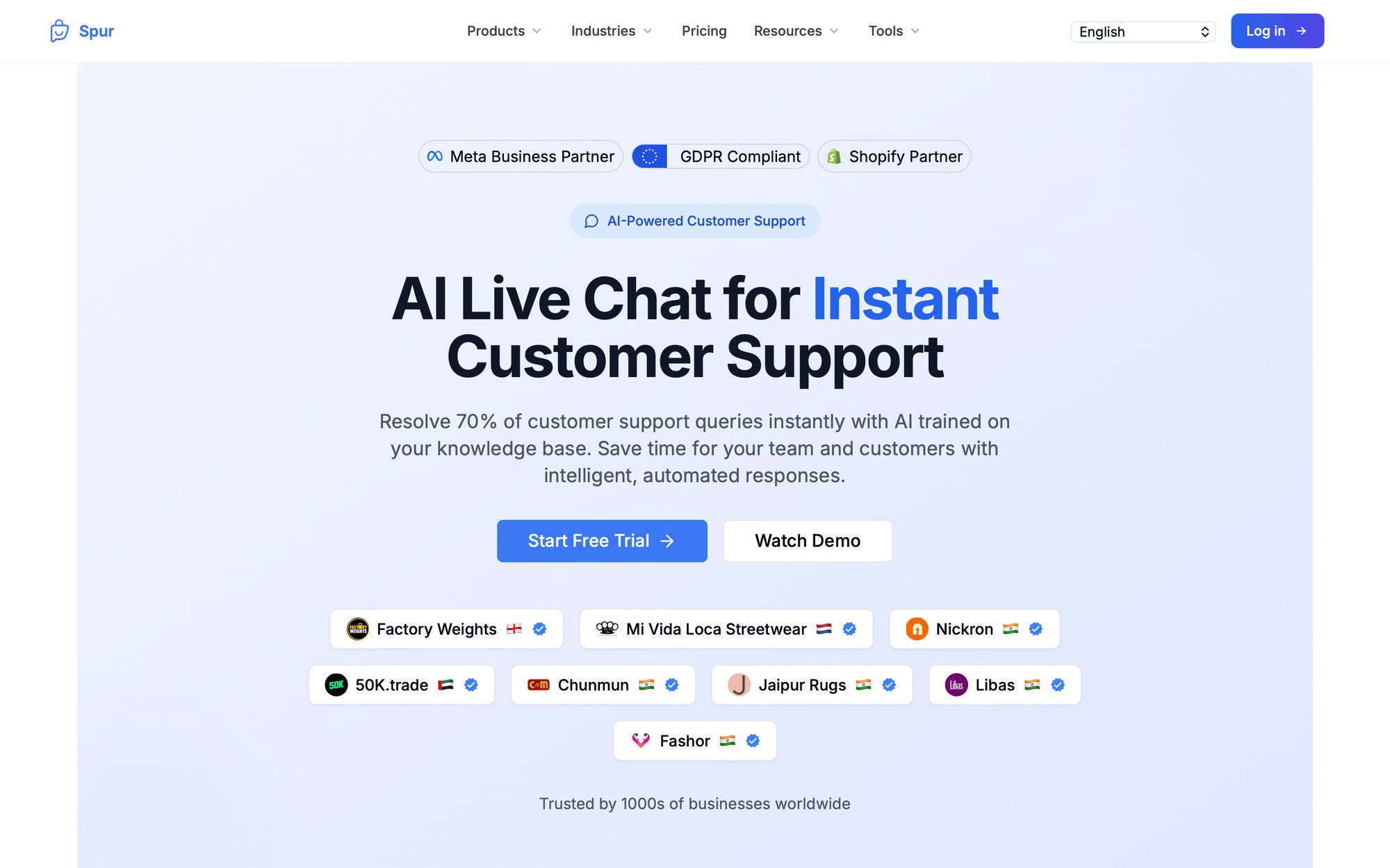 Spur website homepage promoting AI live chat for instant customer support, featuring partner badges and customer logos.