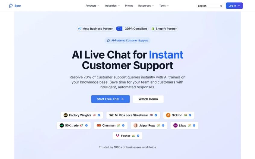 Spur website homepage promoting AI live chat for instant customer support, featuring partner badges and customer logos.