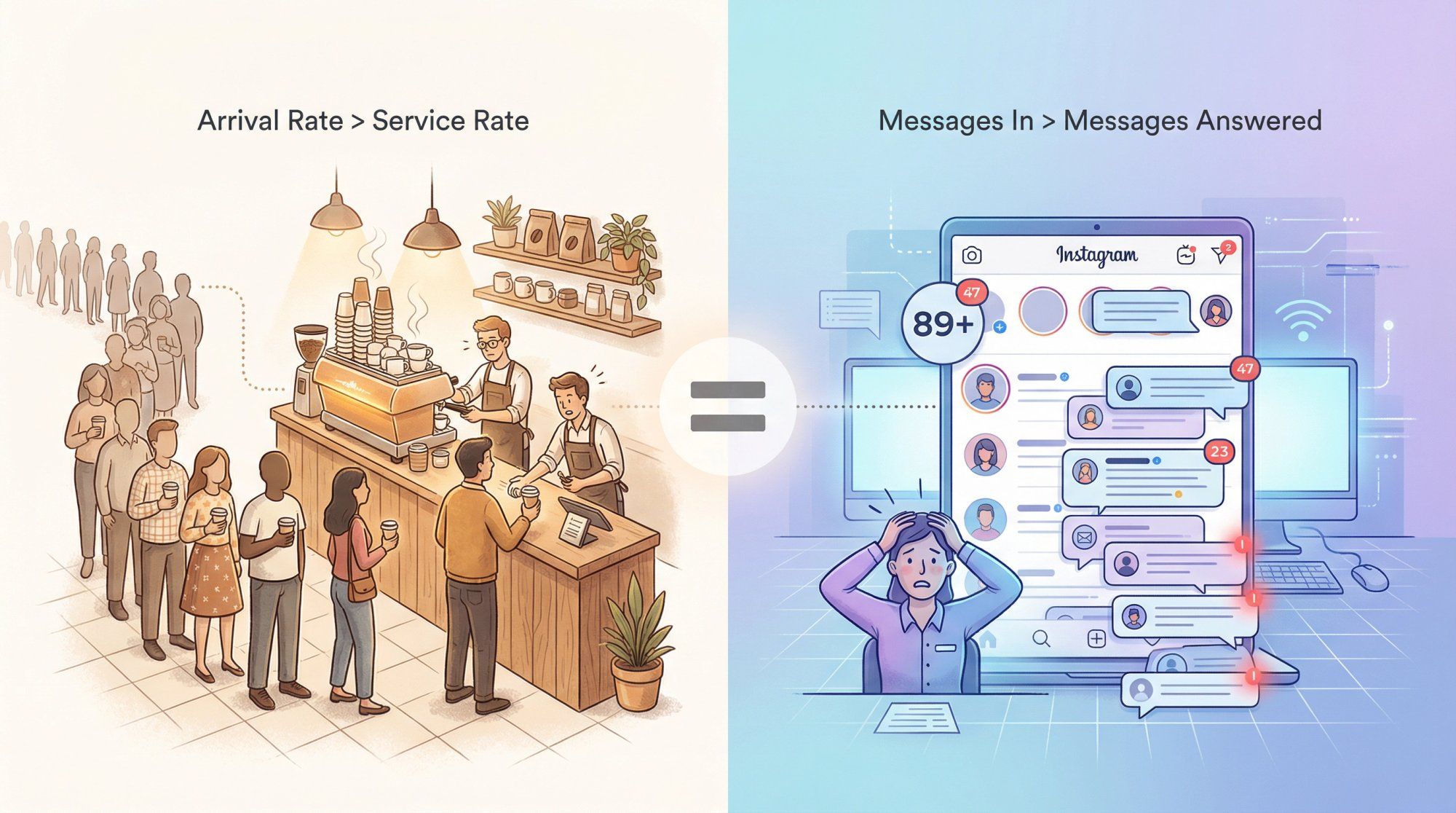 Split-panel comparison showing coffee shop queue overflow on left mirroring Instagram DM inbox overload on right