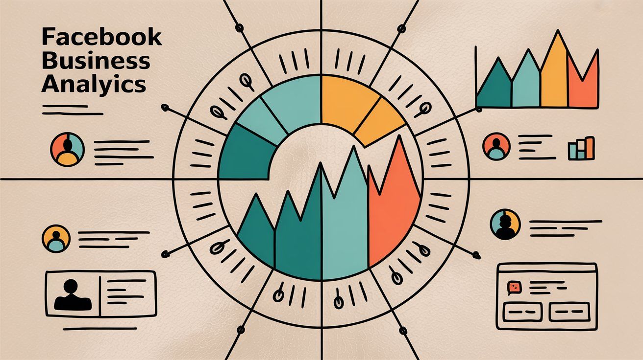 Facebook business analytics dashboard illustration showing growth metrics and engagement data