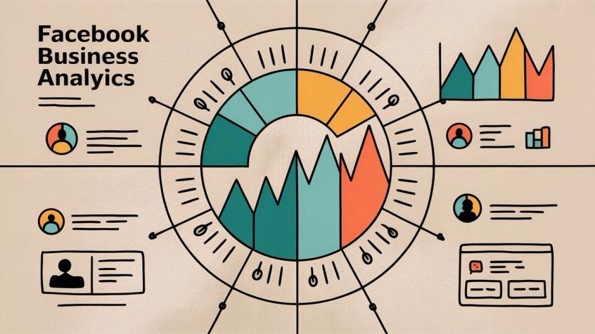 Facebook business analytics dashboard illustration showing growth metrics and engagement data