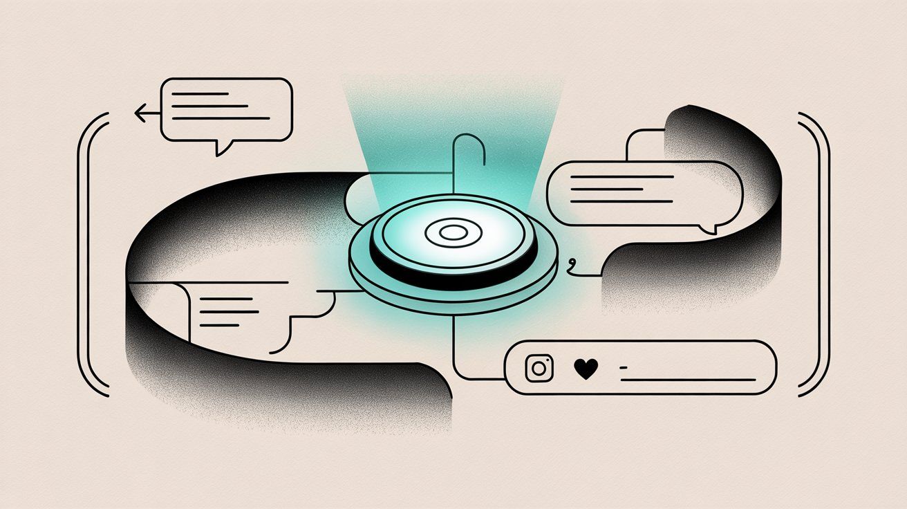 Instagram comment automation interface showing instant automated responses flowing through a central hub