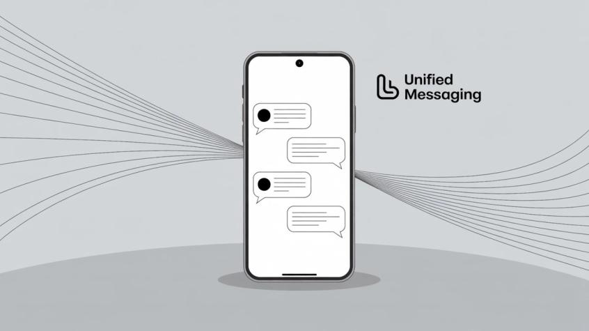 Smartphone displaying unified messaging interface with converging communication channels illustrating integrated business messaging platform