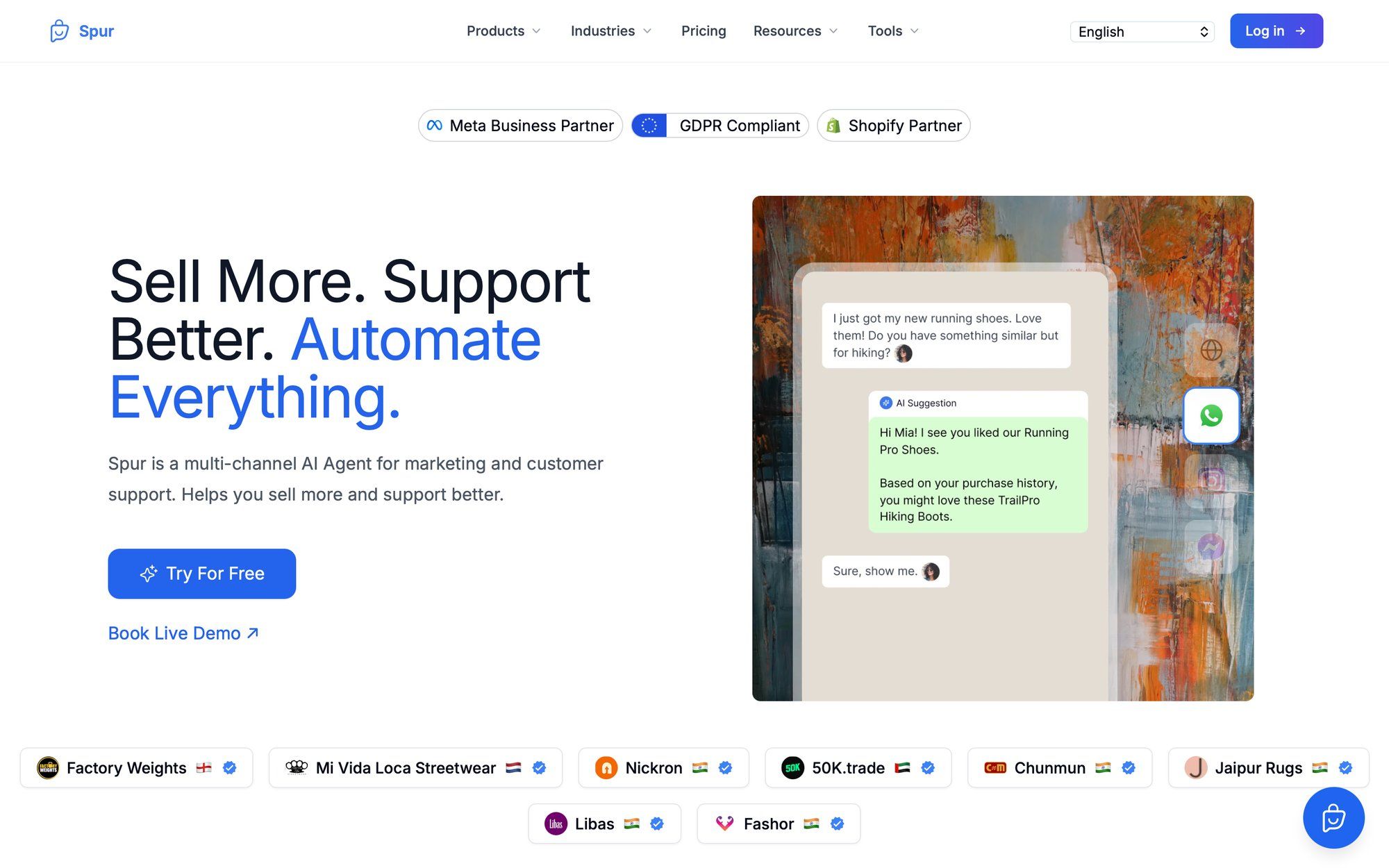 Spur AI agent website homepage, illustrating automated marketing and customer support through a chat interface, with partner logos.
