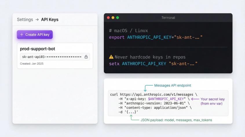 Step-by-step visual guide showing Claude API Console navigation, API key creation, environment setup, and first curl request structure