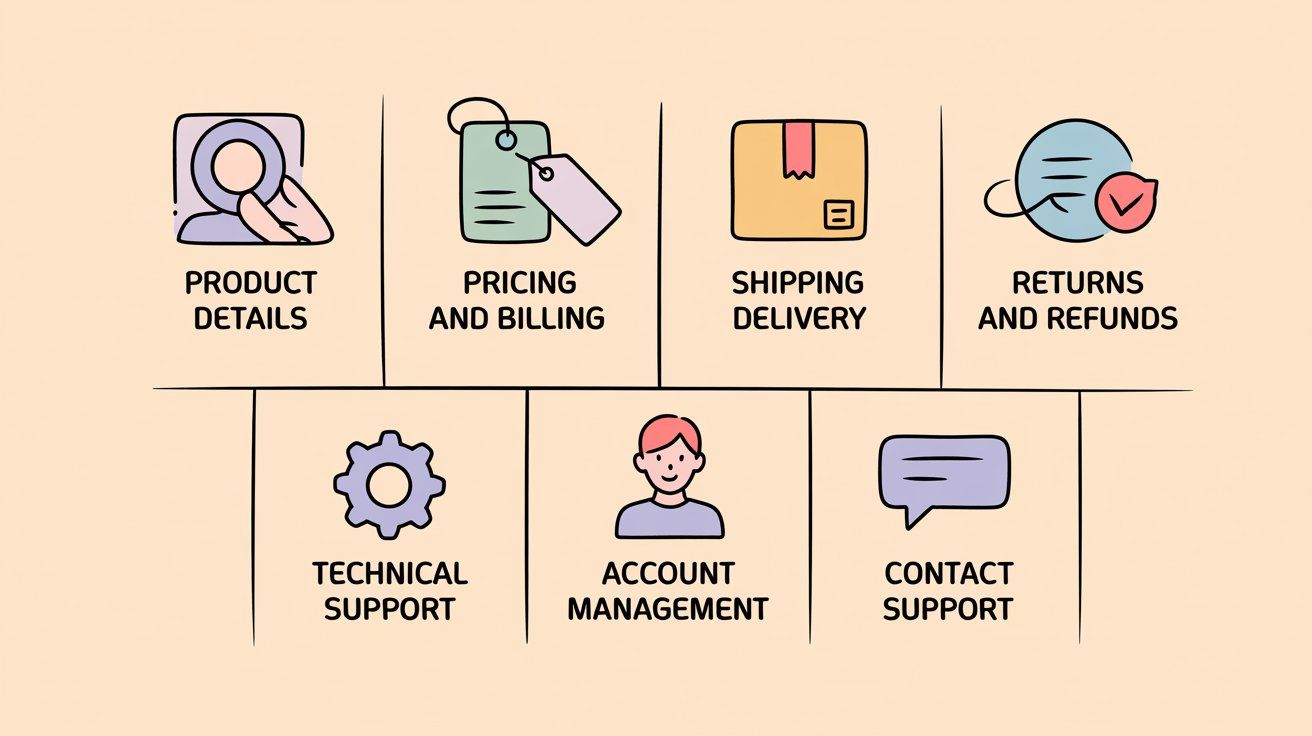 FAQ customer question categories showing Product Details, Pricing and Billing, Shipping Delivery, Returns and Refunds, Technical Support, Account Management, and Contact Support