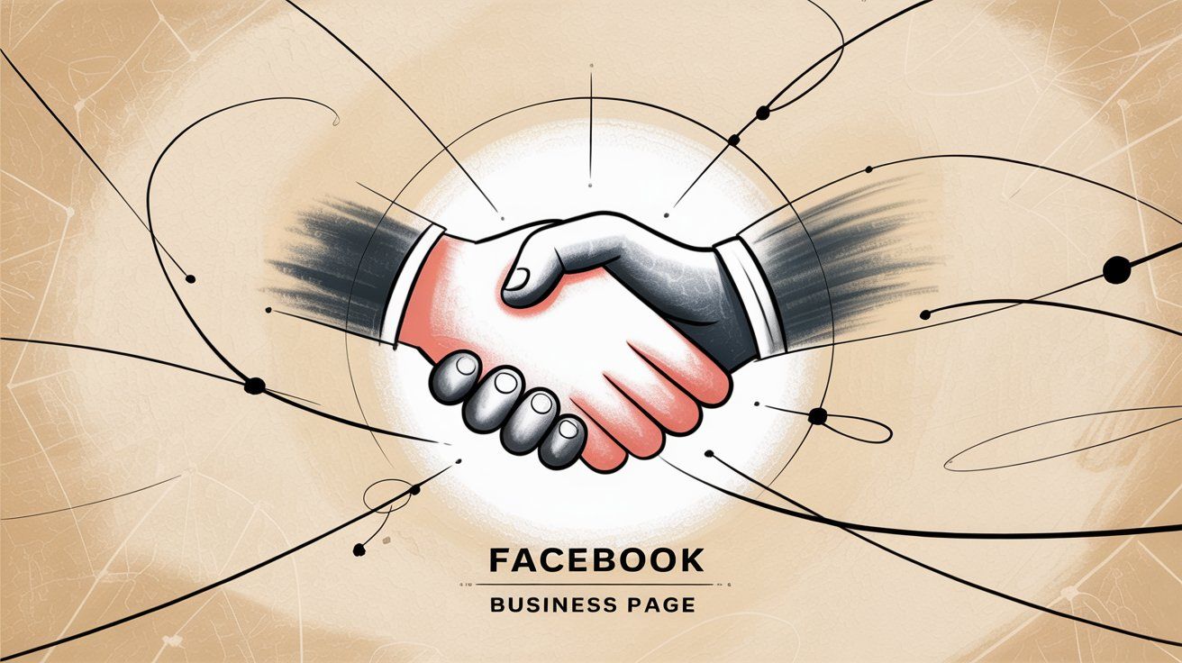 Professional illustration showing Facebook Business Page connection with business handshake and network effect