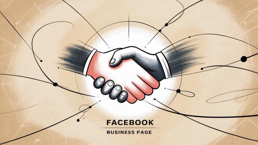 Professional illustration showing Facebook Business Page connection with business handshake and network effect