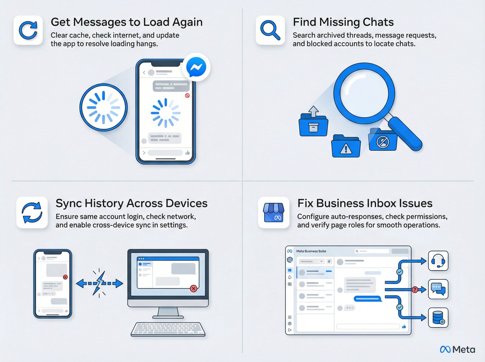 Four distinct Messenger troubleshooting scenarios: loading issues, missing chats, device sync problems, and business inbox routing conflicts
