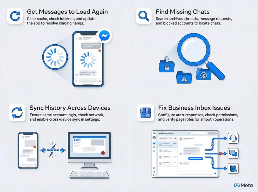 Four distinct Messenger troubleshooting scenarios: loading issues, missing chats, device sync problems, and business inbox routing conflicts