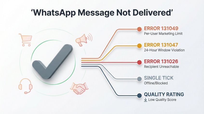 WhatsApp single gray tick delivery failure with branching error codes 131049, 131047, and 131026
