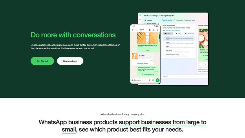 WhatsApp Business Platform homepage showing messaging solutions for businesses