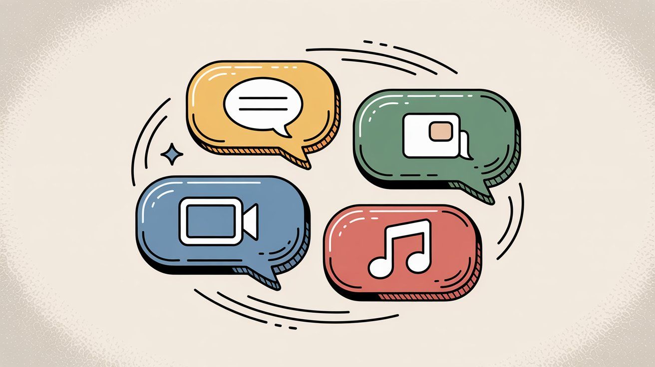 Illustration of rich media features in messenger marketing including buttons, carousels, images, and interactive elements