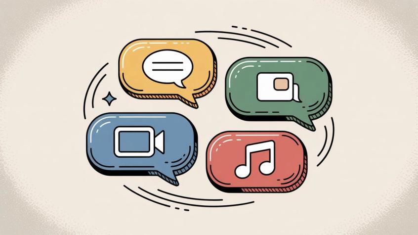 Illustration of rich media features in messenger marketing including buttons, carousels, images, and interactive elements