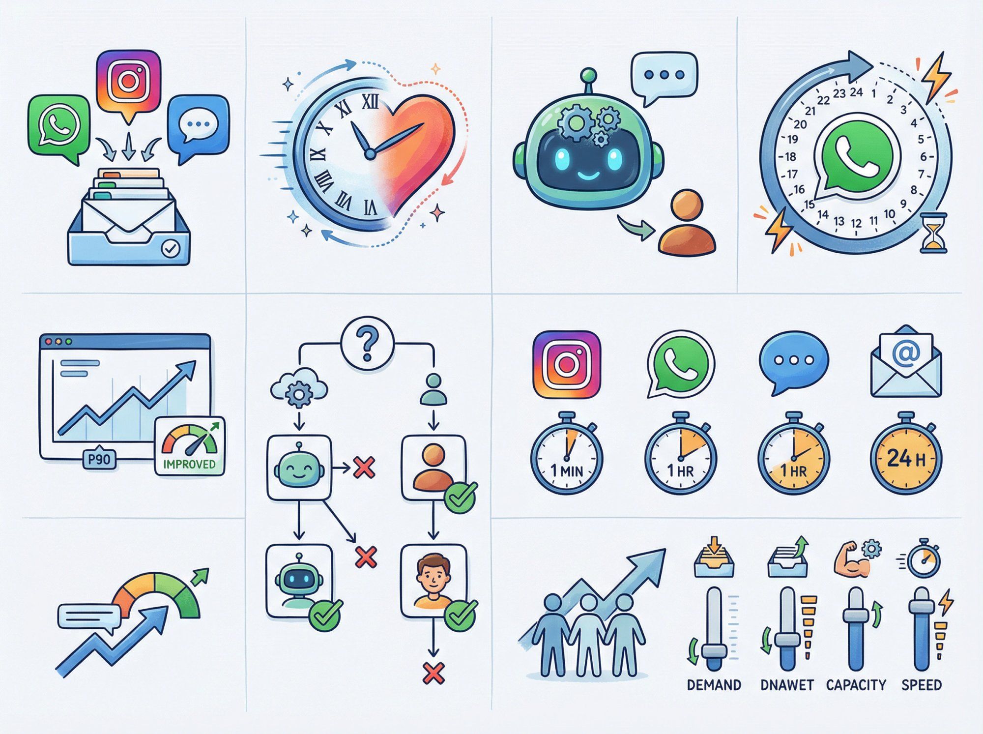 Visual guide to common customer response time questions with icons for unified inbox, AI automation, metrics tracking, and channel optimization