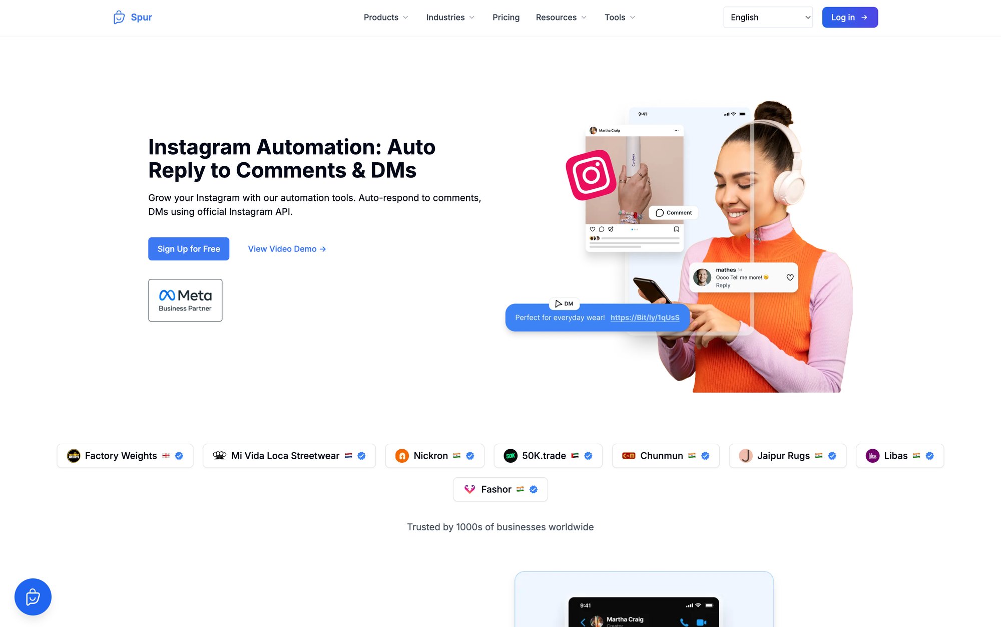 Spur Instagram automation platform showing Comment-to-DM triggers and AI-powered chatbot builder