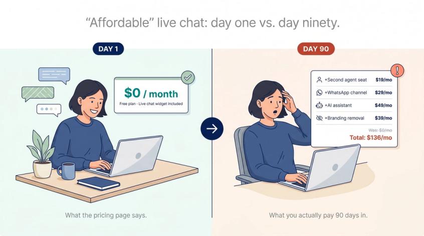 Split illustration showing a small business owner's shock when their live chat bill triples after adding agents, AI, and WhatsApp