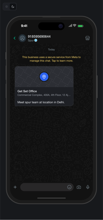 A WhatsApp location card with a map thumbnail, business name and address