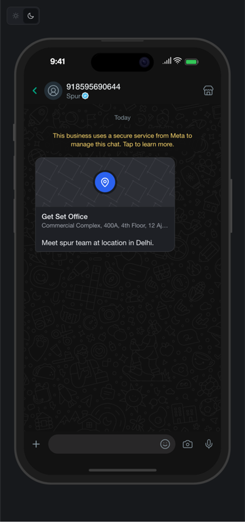 A WhatsApp location card with a map thumbnail, business name and address