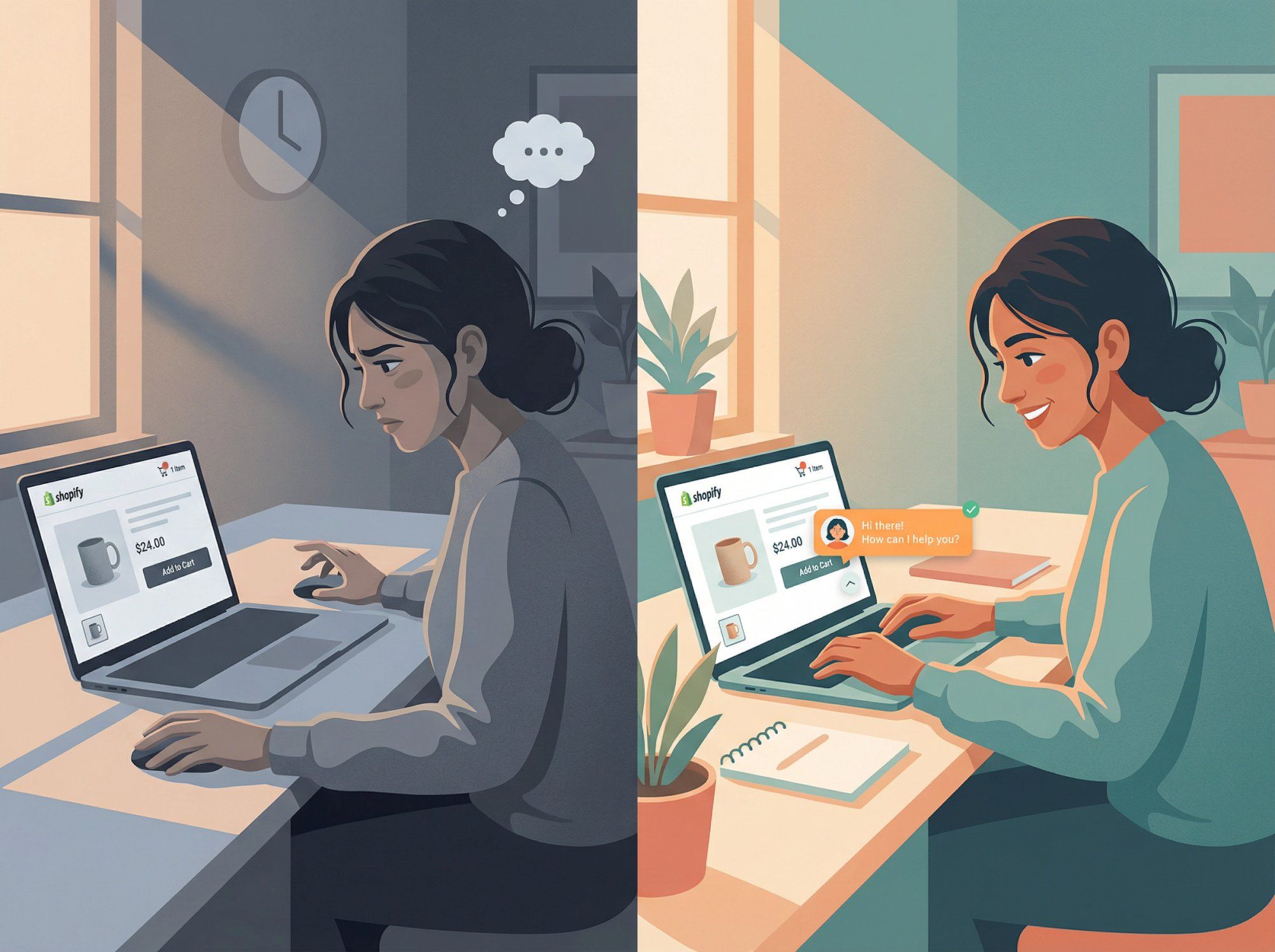Split illustration showing abandoned cart anxiety vs confident purchase with live chat support
