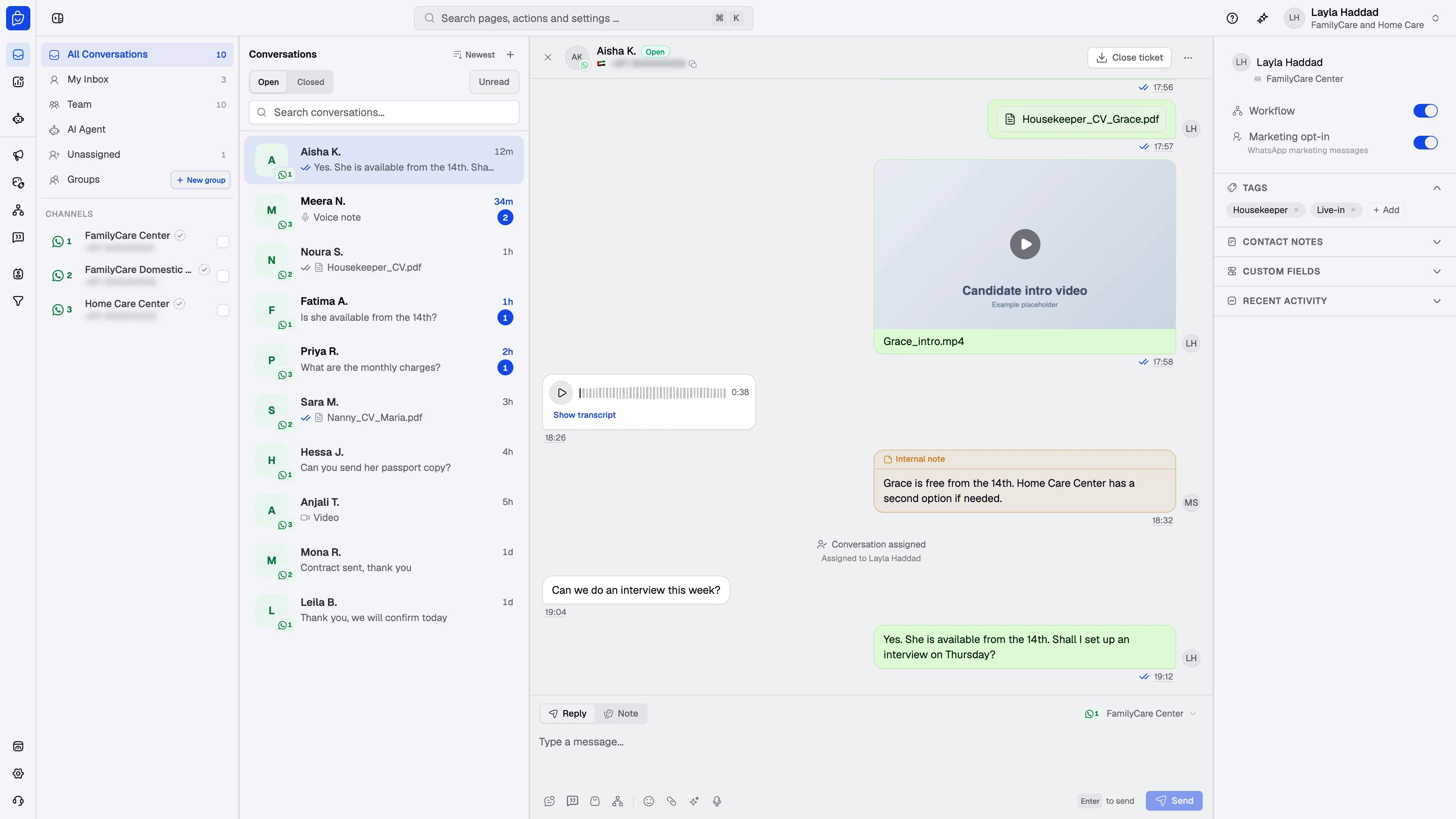 The full Spur Inbox: the app navigation on the left, the views and the three WhatsApp numbers, FamilyCare Center, FamilyCare Domestic Workers Services and Home Care Center, then the list of open family conversations, one conversation open with a CV, an intro video, a voice note and an internal note, and the contact panel showing it assigned to Layla in the FamilyCare Center team.