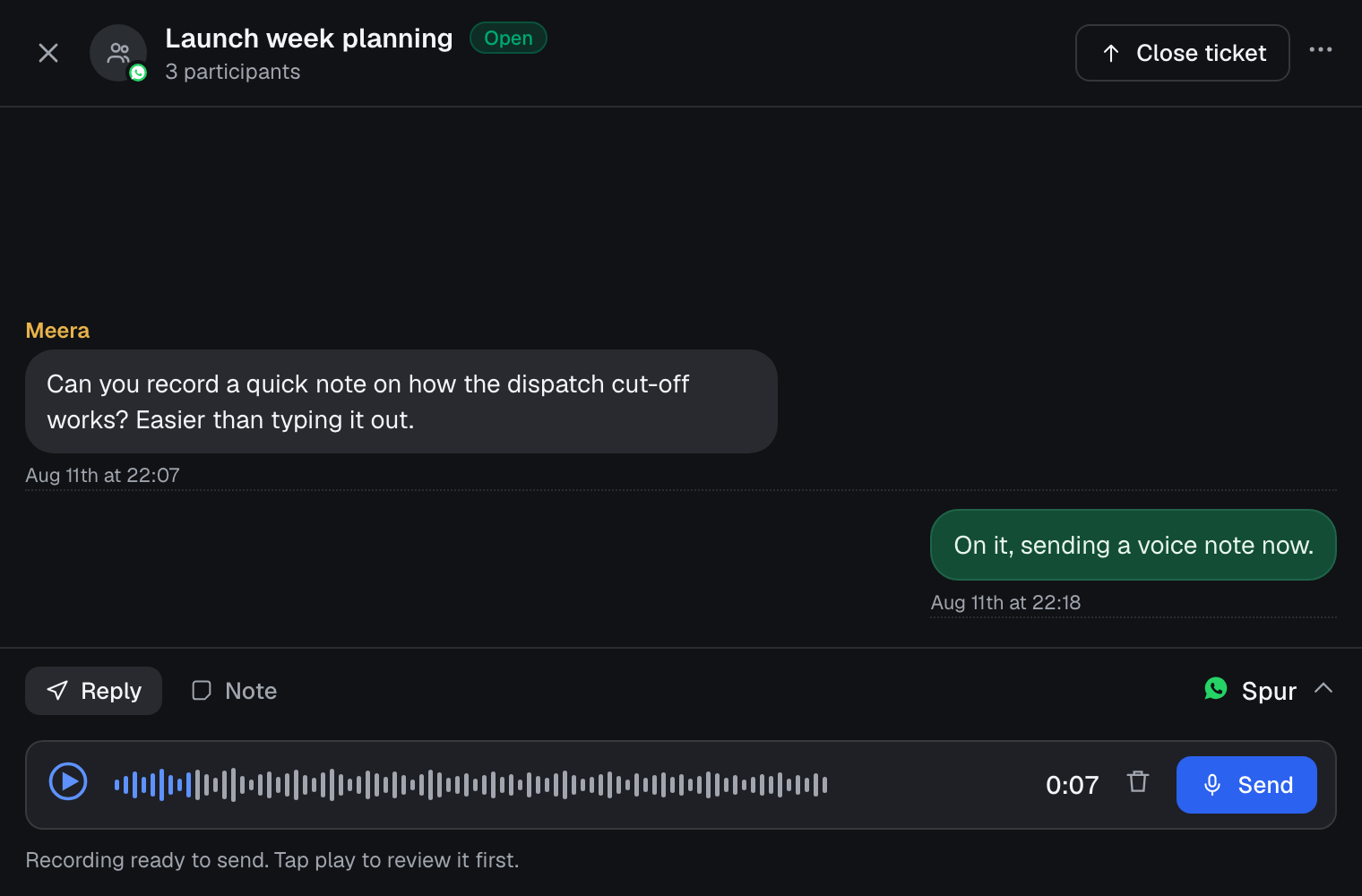 Voice message recording ready to send in a Spur group conversation composer