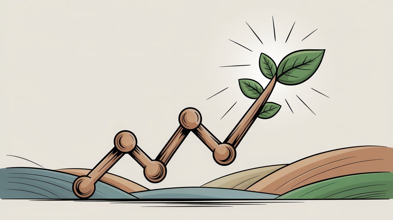 Upward trending business growth chart with sprouting plant symbolizing ROI success and sustainable revenue growth