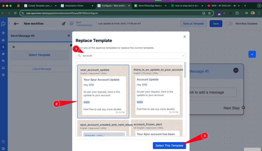 Select the WhatsApp template to send