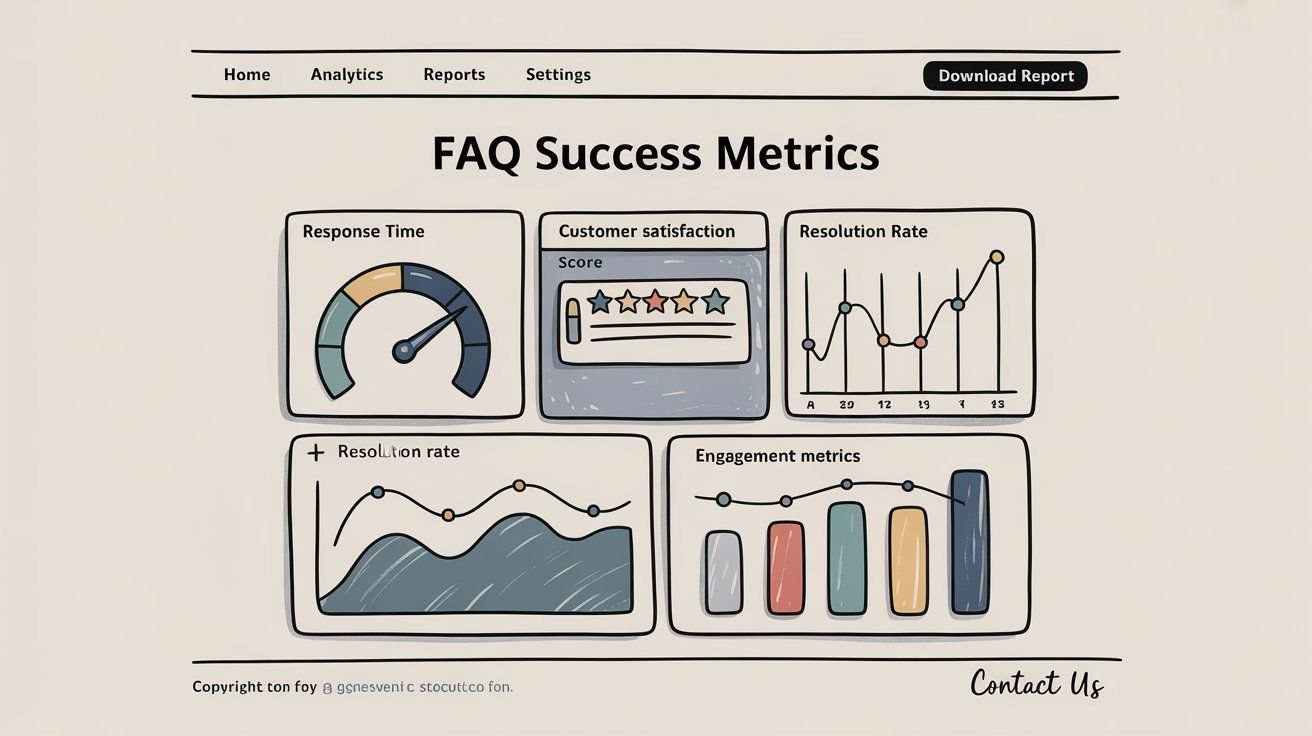 FAQ success metrics dashboard showing key performance indicators like response time, customer satisfaction, resolution rate, and engagement metrics