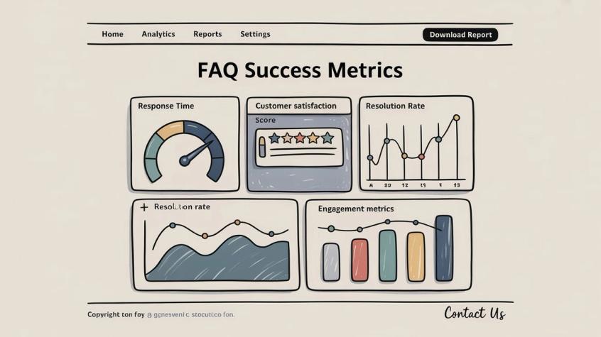 FAQ success metrics dashboard showing key performance indicators like response time, customer satisfaction, resolution rate, and engagement metrics