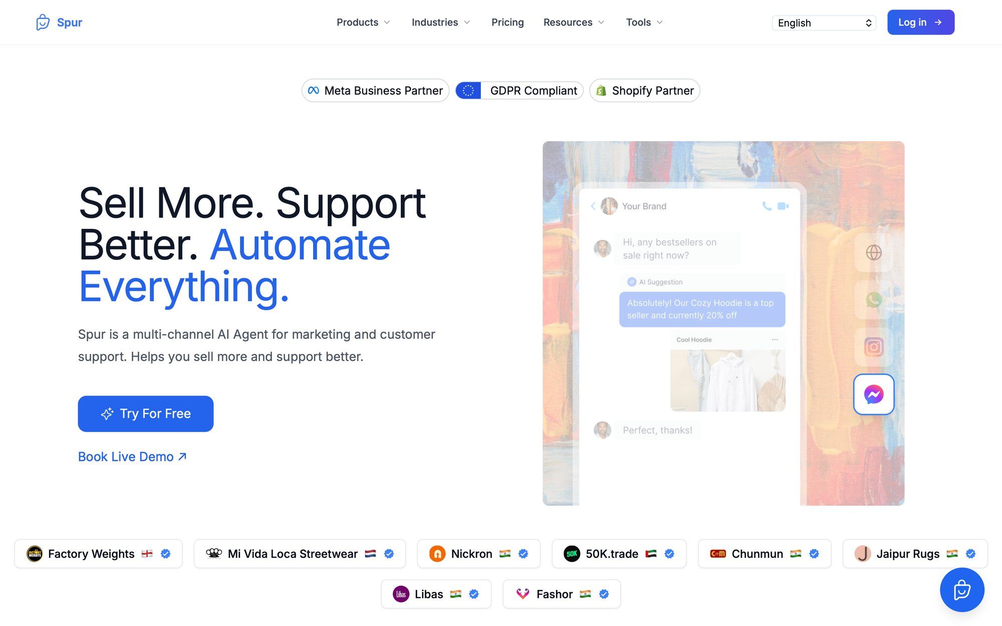 A website landing page for Spur, an AI agent for marketing and customer support, featuring a chat interface.
