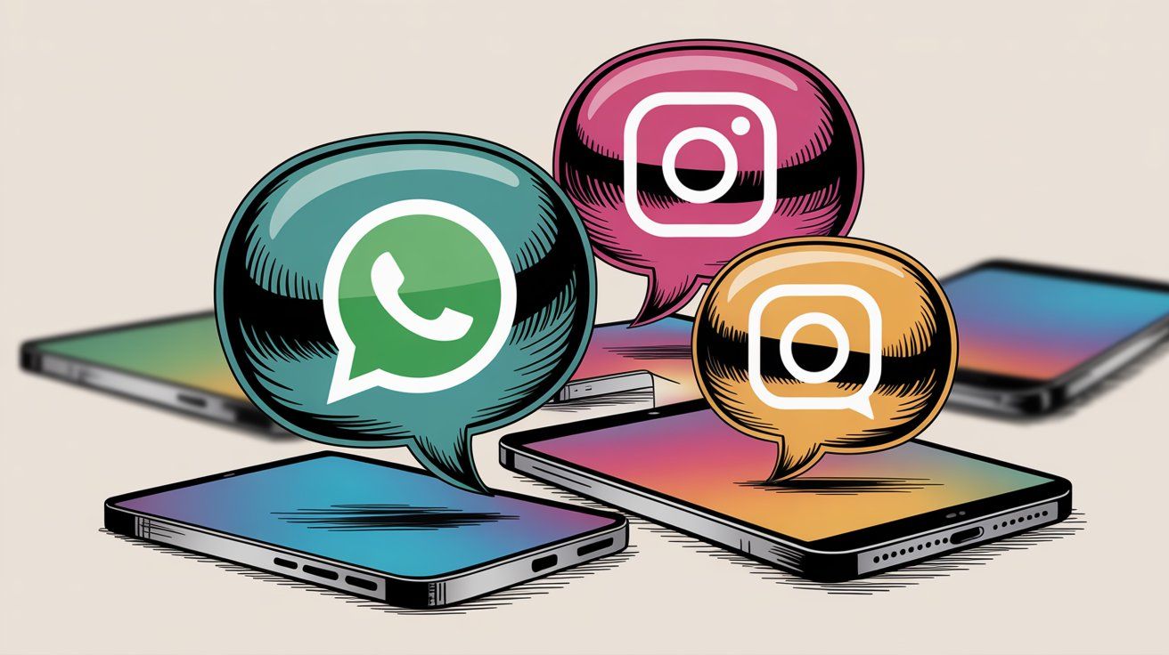Three messaging platform icons (WhatsApp, Instagram, chat) as speech bubbles above smartphones, representing multi-channel chatbot engagement