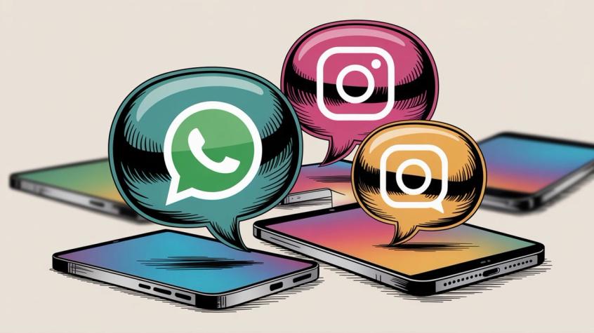 Three messaging platform icons (WhatsApp, Instagram, chat) as speech bubbles above smartphones, representing multi-channel chatbot engagement