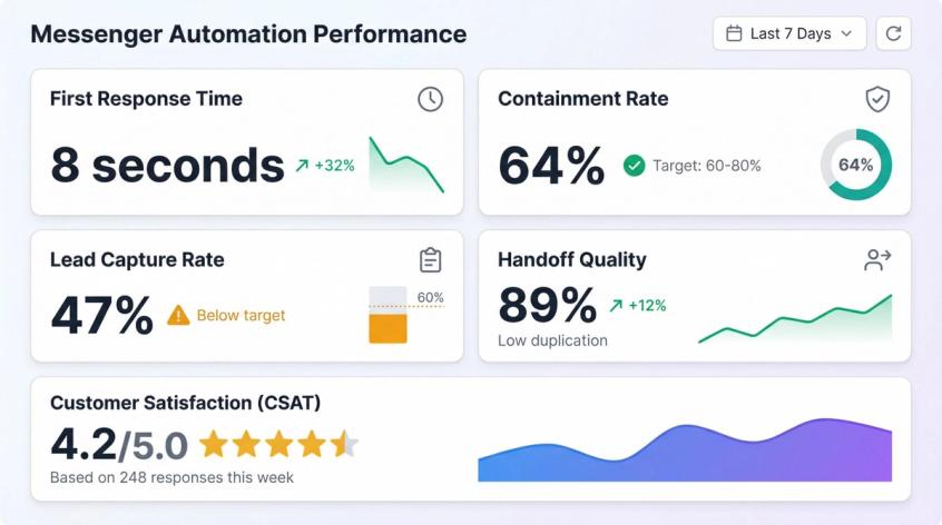 Professional analytics dashboard showing 5 key Messenger automation metrics: first response time, containment rate, lead capture rate, handoff quality, and CSAT scores with trend indicators