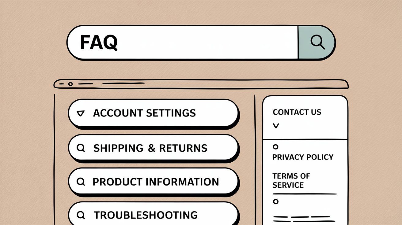 FAQ search and navigation interface showing prominent search bar with organized categories below for easy question discovery
