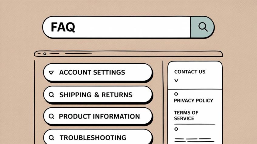 FAQ search and navigation interface showing prominent search bar with organized categories below for easy question discovery