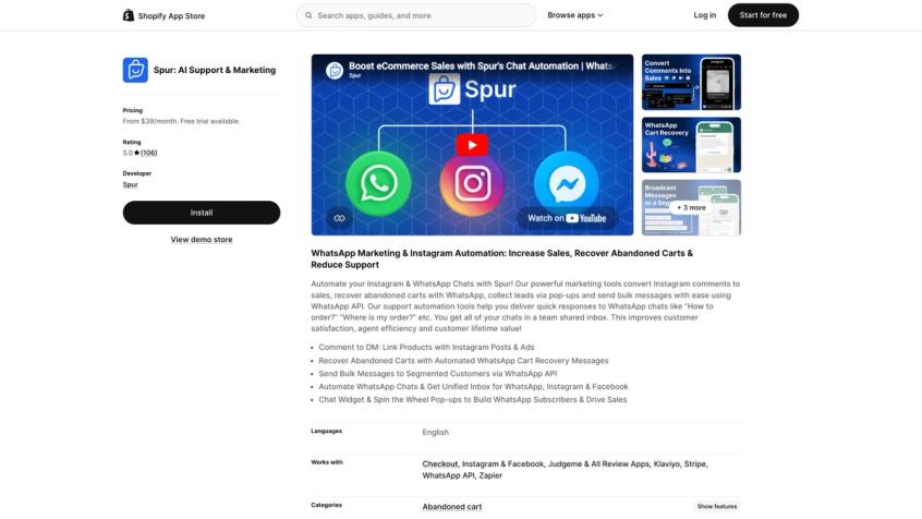 Spur AI Support and Marketing on Shopify App Store showing 5.0 rating from 106 reviews, $39/month pricing, and feature list