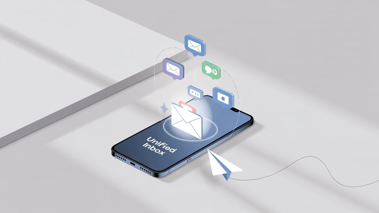 Illustration showing omnichannel unified inbox and multi-platform communication for seamless customer engagement