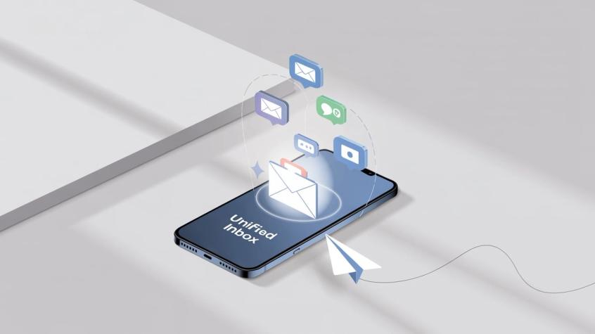 Illustration showing omnichannel unified inbox and multi-platform communication for seamless customer engagement