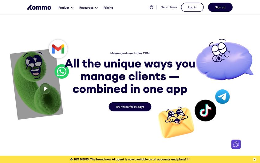 Kommo CRM website showing various messenger app integrations for client management, with playful graphics.