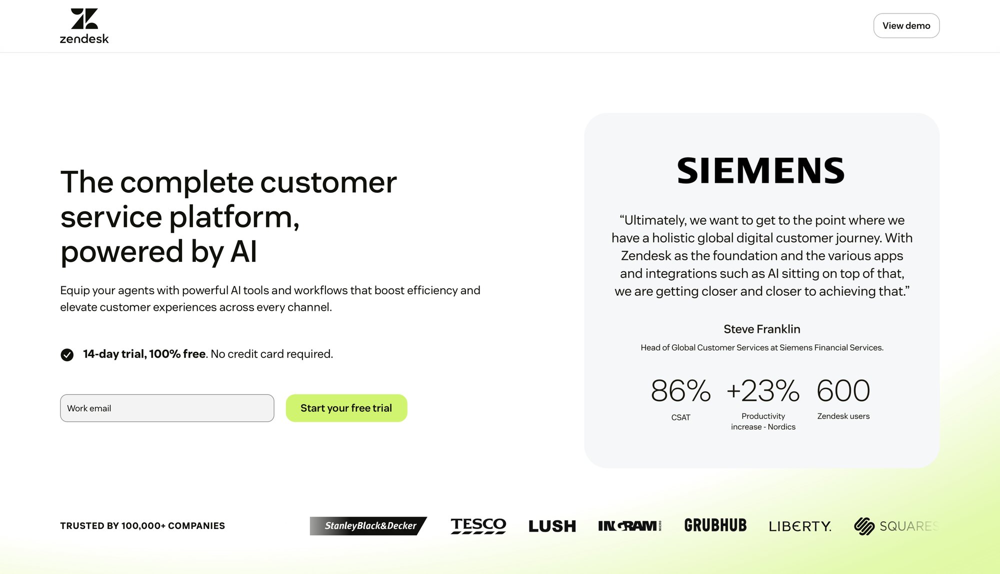 Zendesk homepage displaying an AI-powered customer service platform, free trial offer, Siemens testimonial, and trusted company logos.