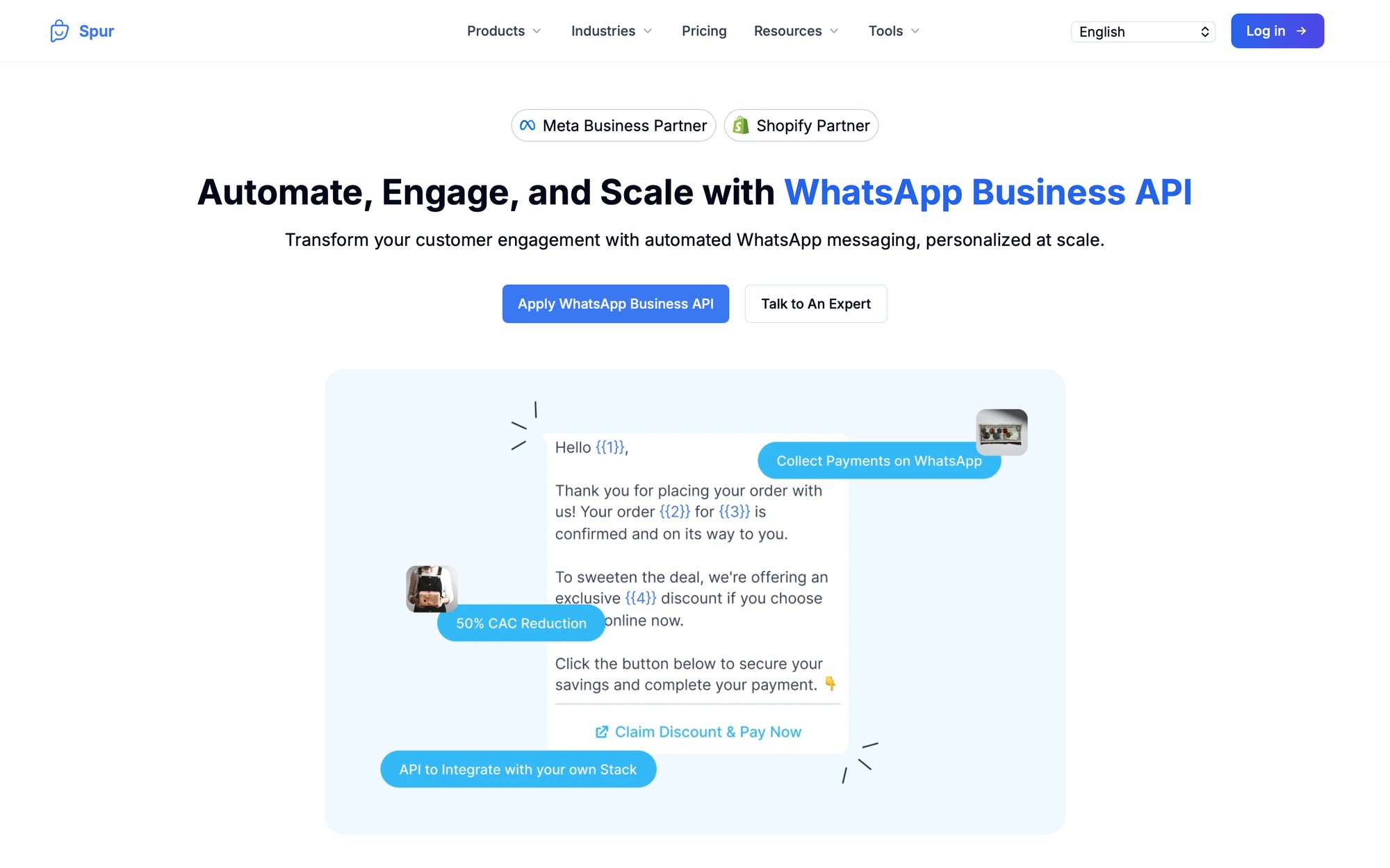 A screenshot of the Spur website showcasing WhatsApp Business API features with example chat messages.