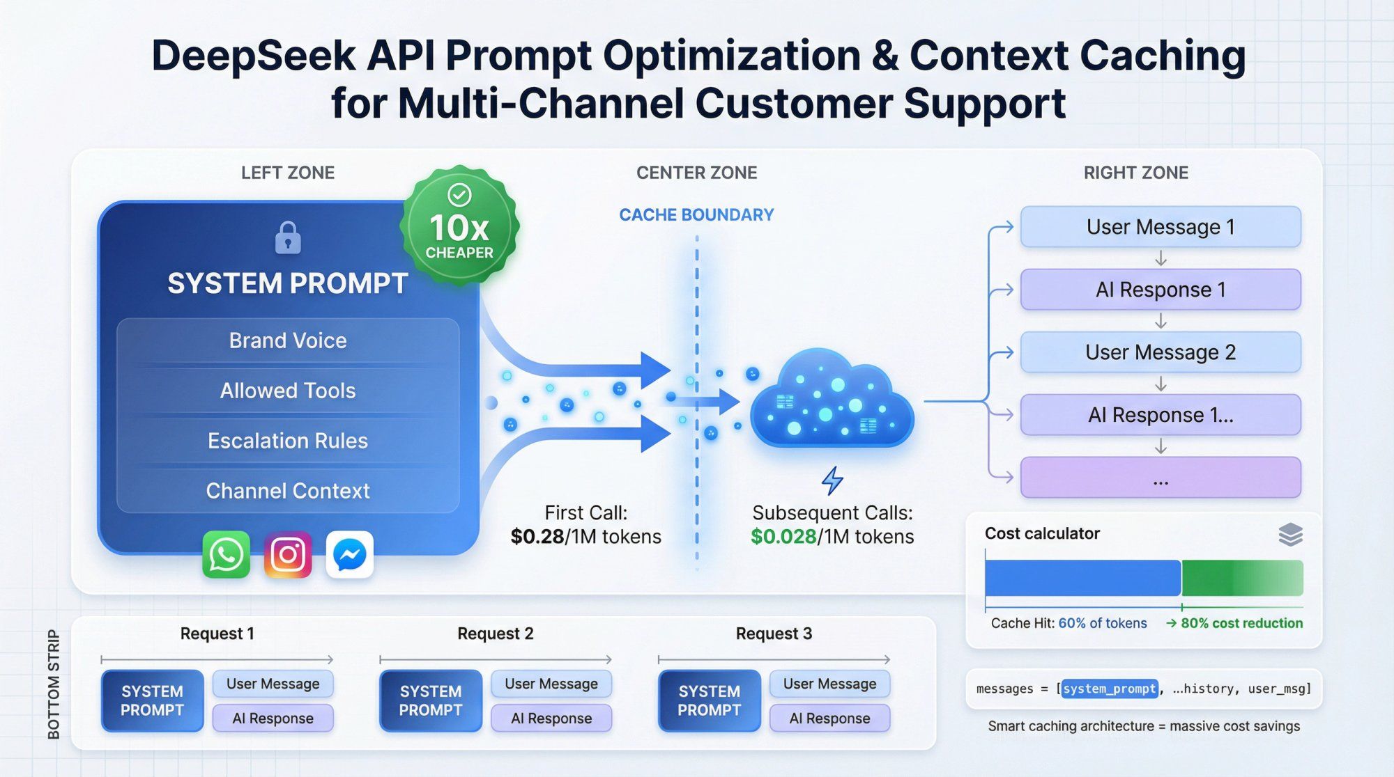 Infographic showing DeepSeek prompt architecture with reusable system prompt, context caching zones, and 10x cost savings